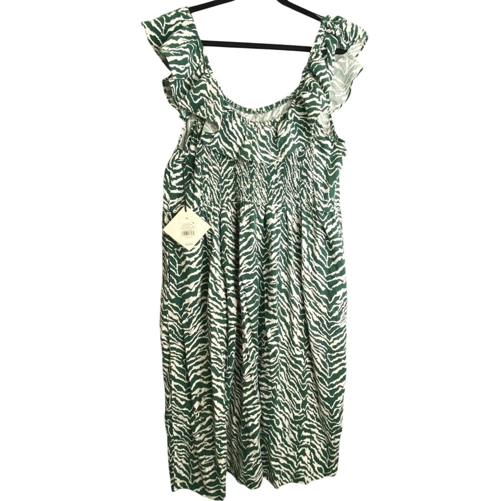 Ava & Viv Green Zebra‎ Print Dress 1X Smocked Bodice Ruffle Sleeve Boho Midi